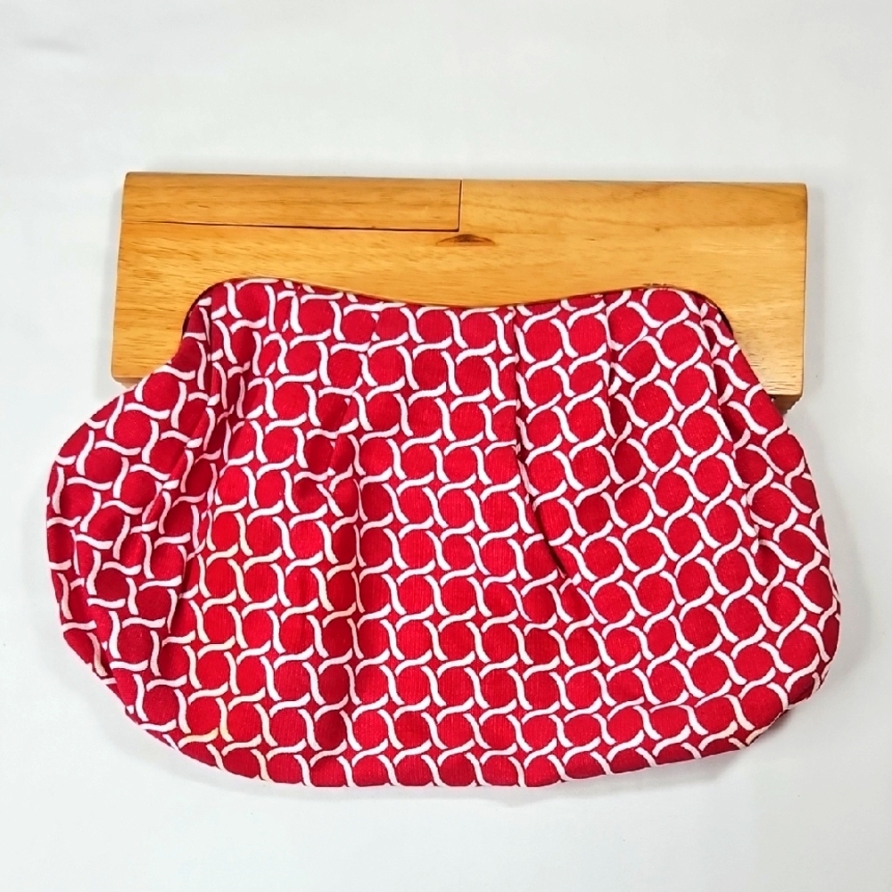 Old Navy Fabric Red & White Clutch Purse With Wooden Handles